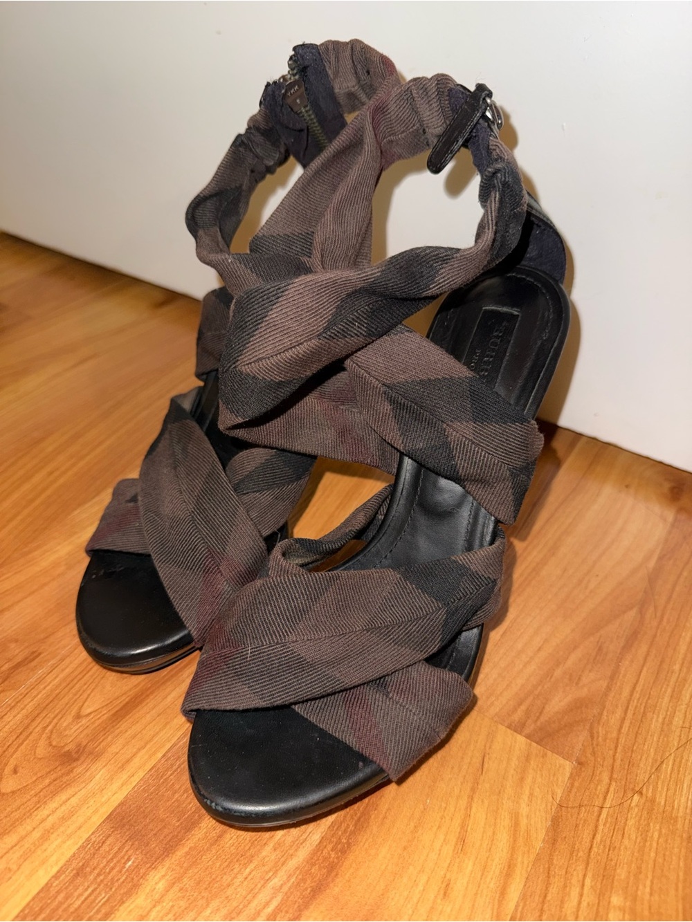 Burberry Dark Beige Nova Check Canvas Cross Straps Platform Sandals